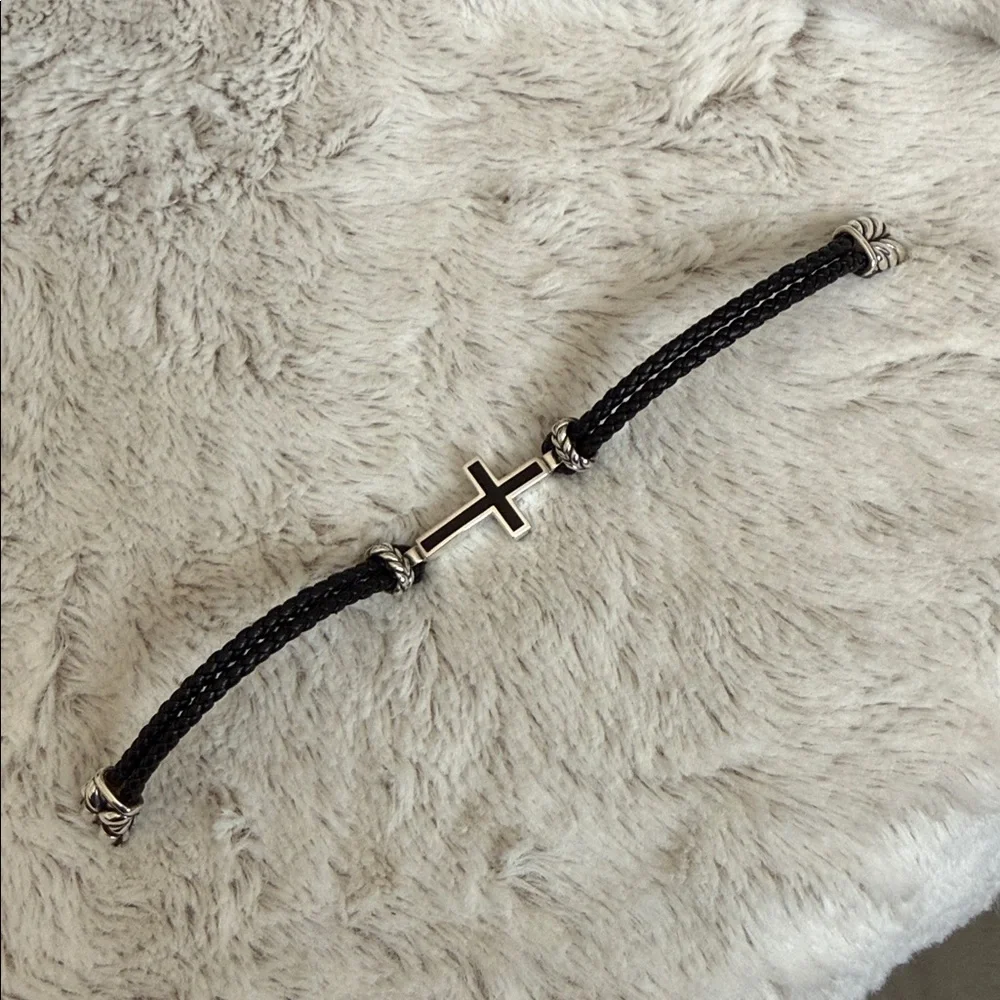David Yurman Black Leather Bracelet with Silver Cross Accent